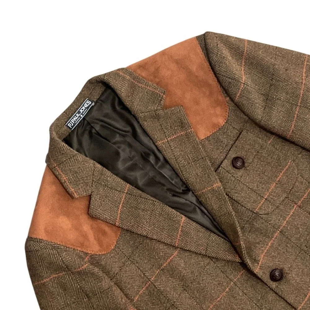 PJ Paul Jones Mens Tweed Plaid Wool Blend Blazer Elbow Patch Brown Size S Jacket
